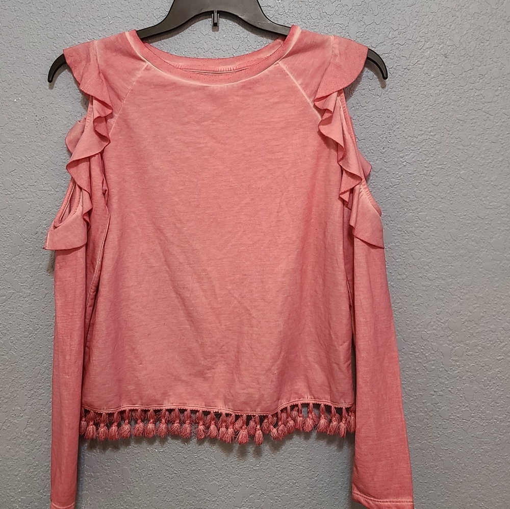 True Craft cold shoulder ruffles tassel long sleeve shirt